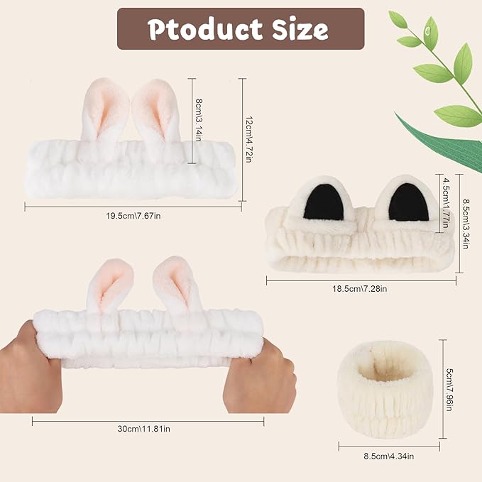 6pcs Ears Spa Headband and Wristband Set, Cute Cat Ears and Bunny Ears Makeup Headbands for Washing Face, Coral Fleece Elastic Head Band for Women Girls