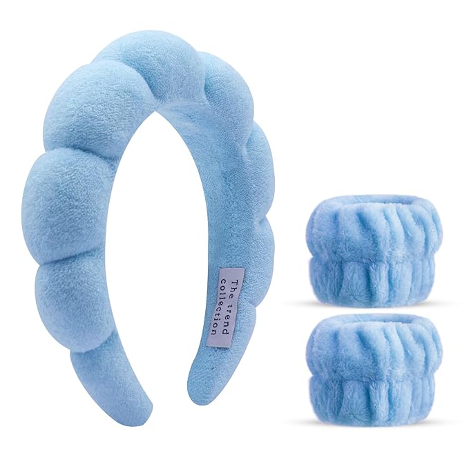 Spa Headbands for Washing Face, Makeup and Skincare. 3 Pc Set of Skin Care Head band with Wristbands. Puffy Terry Cloth, Non Slip Get Ready Hairband for Women, Teens, Girls. Cute Hair Accessories.