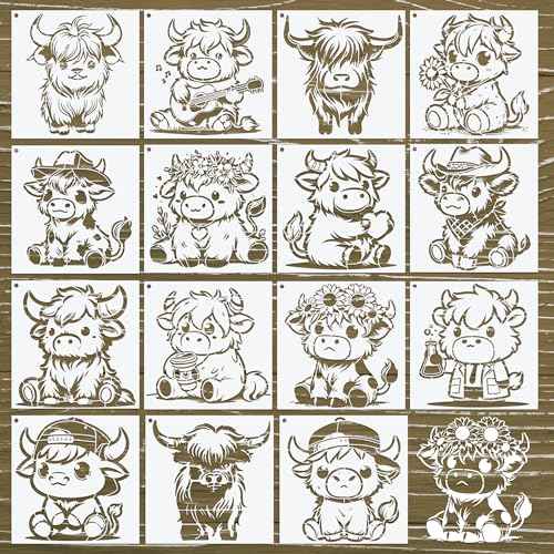 Keluna Highland Cow Stencils for Painting - 15 Pcs Animal Wood Burning Stencils, Farmhouse Cow Print Stencils for Crafts Reusable, Template for Painting on Canvas Wall Furniture Craft