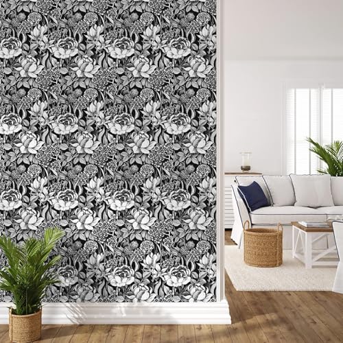 Black and White Floral Wallpaper A Set of 17.3"x120" Modern Boho Peel and Stick Wallpaper Self-Adhesive Removable Floral Contact Paper for Cabinets Drawer Shelf Liner