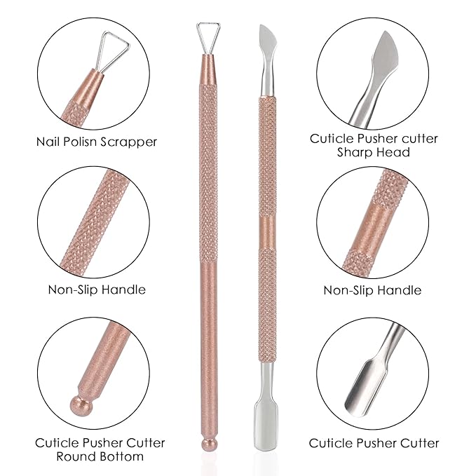 2PCS Cuticle Pusher and Cutter with Storage Case,Professional Cuticle Pusher Nail Polish Remover Stainless Steel Manicure Tool Set,Durable Pedicure Manicure Tools for Fingernails Toenails (Rose-Gold)