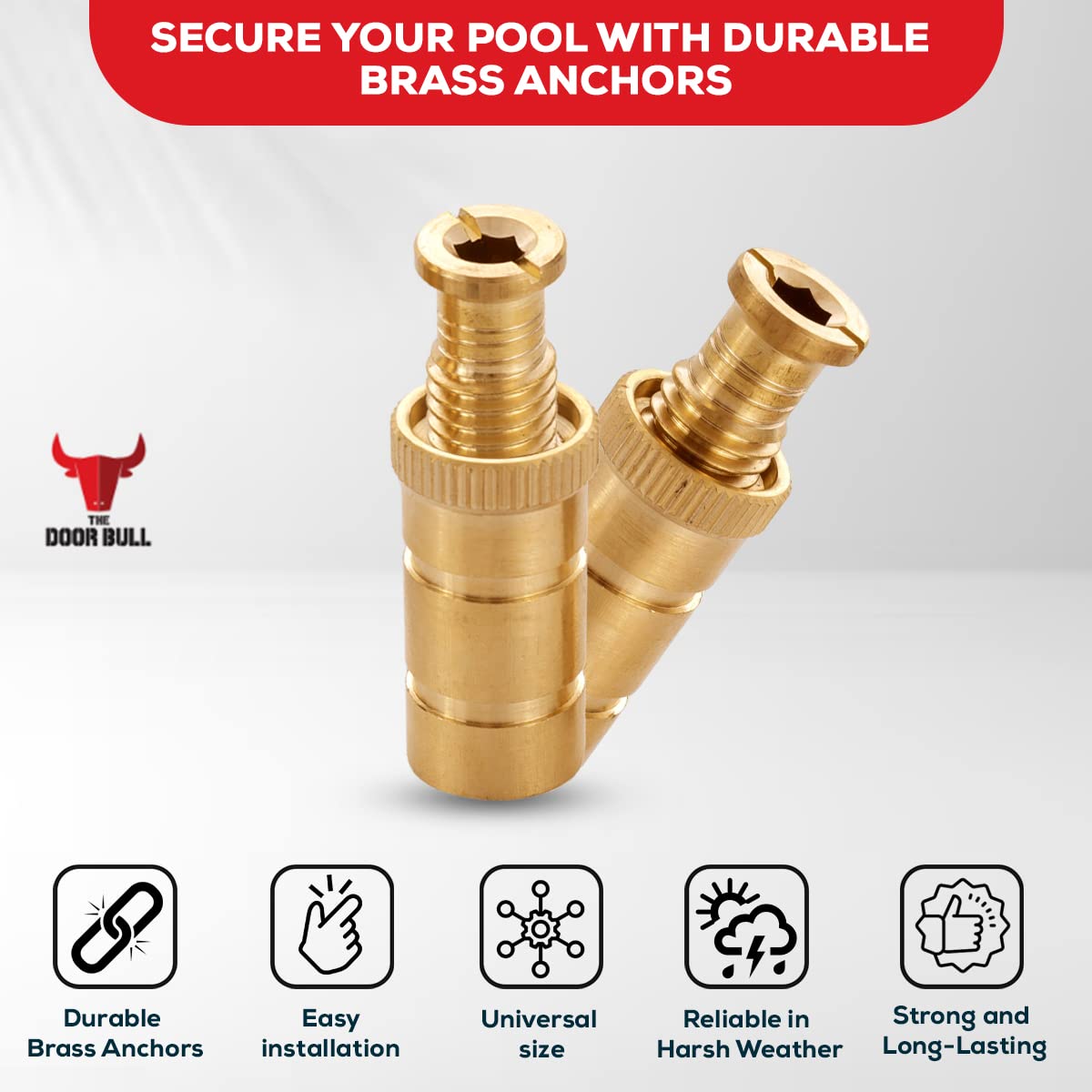 The Door Bull Brass Pool Cover Anchors for Concrete & Pavers Deck, Universal Size Fits 3/4" Hole, Ideal for Inground Pool Safety Covers, Durable & Easy to Install (5 Pack)