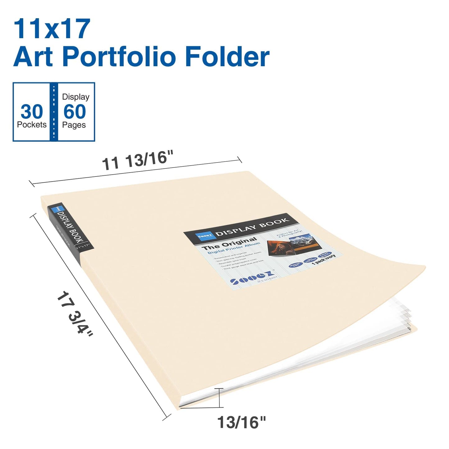 Sooez Art Portfolios 11"x17", Large Portfolio Folder with 30 Pockets & Black Inner Sheets, Display 60 Pages, 11 x 17 Presentation Book for Artwork Storage, Binder with Plastic Sleeves for Artist