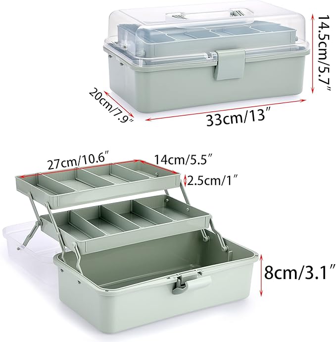 BTSKY 3-Layer Plastic Dividing Storage Box Craft Organizer and Storage with Adjustable Spacers Portable Handled Art Supply Organizer Multipurpose Home Utility Box for Medicine Sewing(Haze Green)