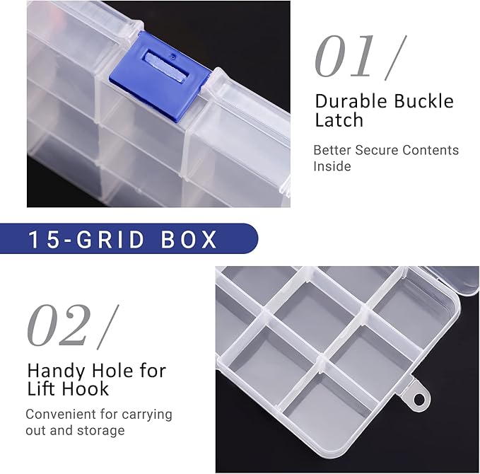Bead Organizer Box, 2PCS 15 Compartment Craft Storage Container with Removable Divider, Plastic Empty Case for Jewelry Rhinestone Charms Crystal Press On Fake Nail, Hair Stuff Small Accessory