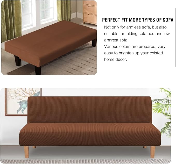 H.VERSAILTEX Armless Futon Cover Stretch Sofa Bed Slipcover Protector Elastic Feature Rich Textured High Spandex Small Checks Jacquard Fabric Futon Cover, Machine Washable, Caramel