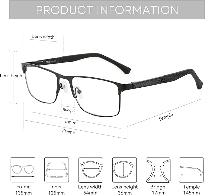 ZENOTTIC Blue Light Glasses Men : Black Reading Glasses Men - Square Frame Computer Glasses - Anti Glare Metal Readers