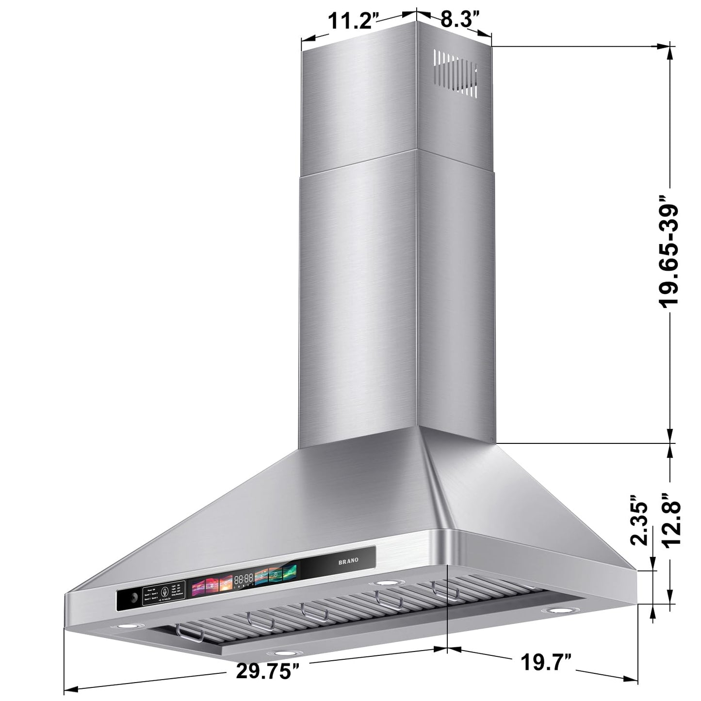 BRANO 30 Inch Wall Mount Range Hood, 900 CFM, Voice/Gesture/Touch Control, Stainless Steel, 4 Speed, 4 Adjustable Lights, Ducted/Ductless Convertible
