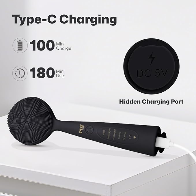 PRITECH Facial Cleansing Brush with 42ÃÂ° ConstantÃ¢ÂÂTemperature Heating Ã¢ÂÂ Rechargeable Silicone Face Scrubber for Deep Pore Cleaning, Waterproof Vibrating Exfoliator for Women & Men (Black)