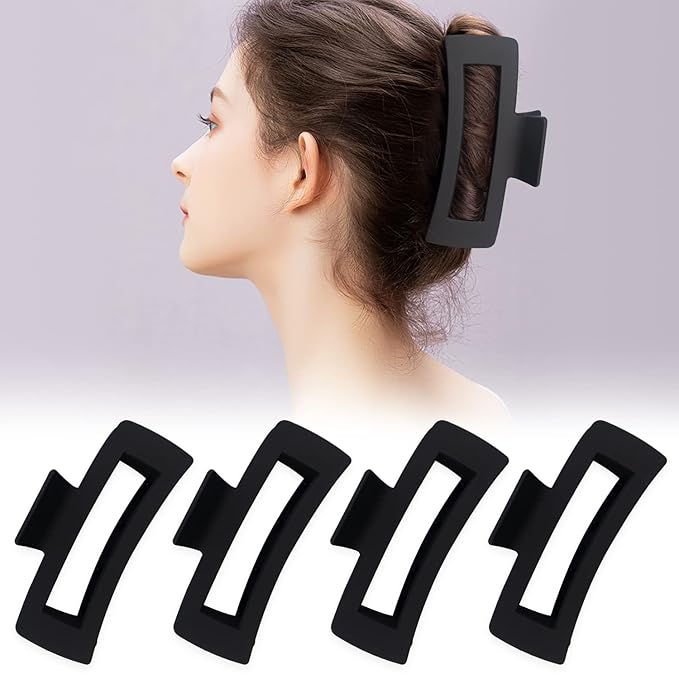 4 Pack Extra Large Hair Claw Clips for Women, 5'' Hair Clips for Thick and Long Hair, 90's Non-slip Square Jaw Clips for Curly Hair, Strong Hold Matte Hair Clamps (Black)