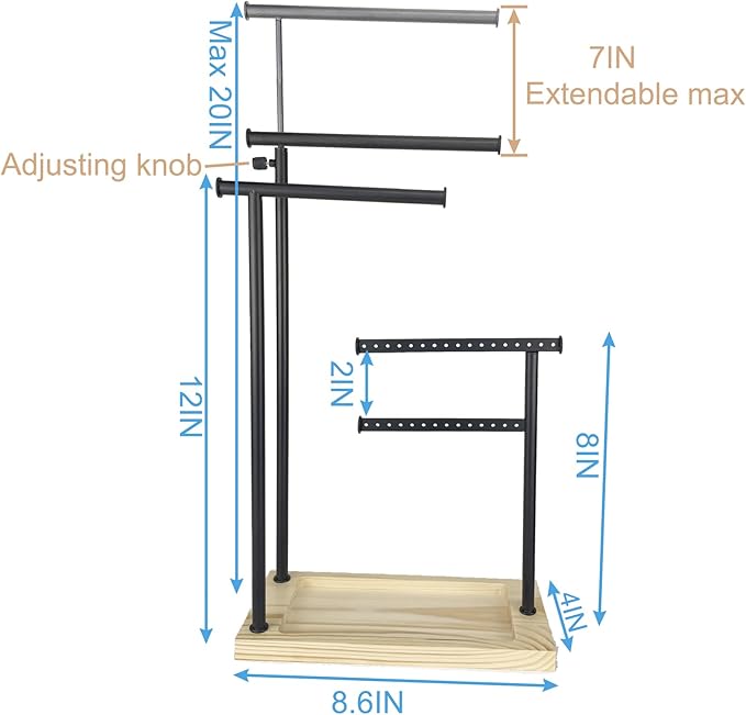 Premium Jewelry Stand, 4-Tier Storage Necklace Holder Stand, Earring Holder AdjustableTall 20I N (Max), Jewelry Organizer for Necklace, Bracelet, Earring, Black