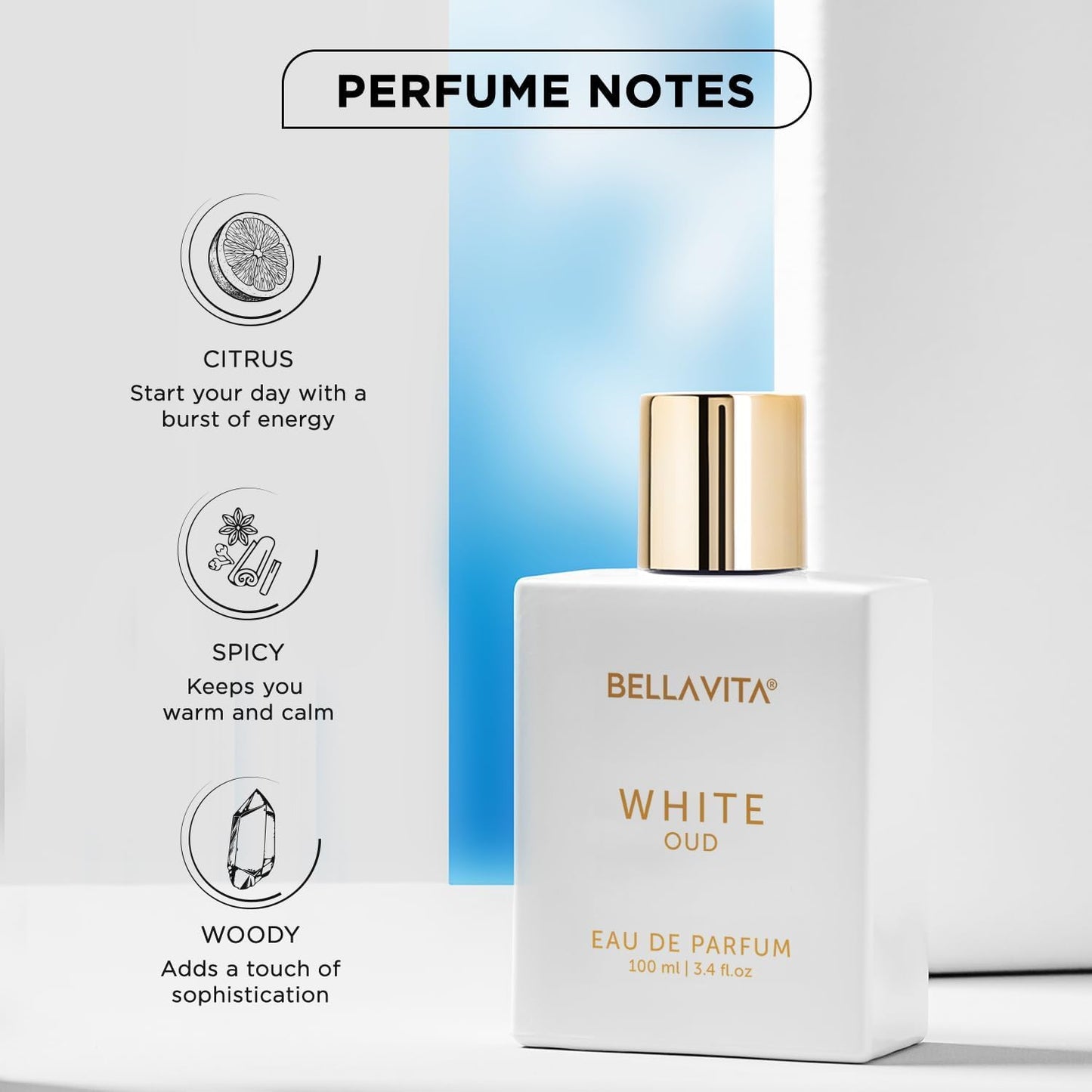Bellavita Luxury White Oud Eau de Parfum | 100 ml (3.4 fl.oz.) | Perfume for Men and Women | Fruity, Artemisia Lemon, Freesia, and Tobacco Notes | Long Lasting Unisex Fragrance