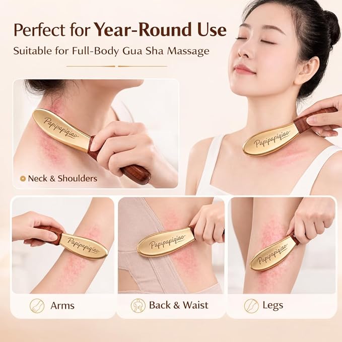 Copper Brass Gua Sha Muscle Scraper Tool with Wooden Handle Ã¢ÂÂ H62 Brass IASTM Soft Tissue Massage Tool for Fascia Release & Scar Tissue Relief Ã¢ÂÂ Deep Tissue Scraping Tool for Back & Body