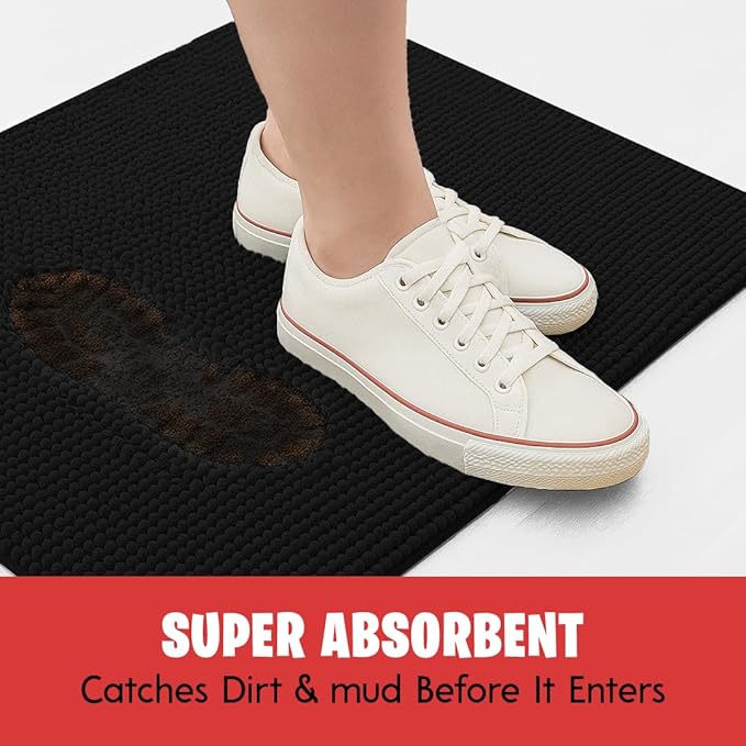 MudGuard Mat™ Dog Door Mat for Muddy Paws, Super Absorbent Microfiber, Non-Slip Indoor Mat, Quick Dry Chenille Mud Mat for Dogs & Entryway, Washable, Black 24" x 60"