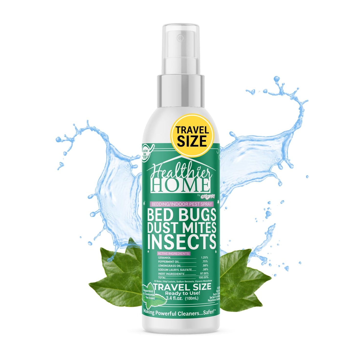 Chomp! Travel Size Bed Bug & Insect Repellent, Natural, TSA Approved Indoor Pest Control Spray for Travel & Home, Plant-Based Dust Mite, Ant, Spider, Fly Killer, Peppermint Scent, 3.4 Fl Oz