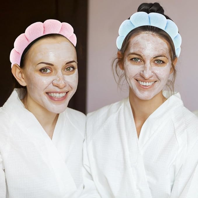 SPA Headbands for Washing Face Makeup Headbands with Bow Hair Band Women Facial Head Band Wrist Towel Wraps For Shower Face Mask Blue Pink, 6 Pack