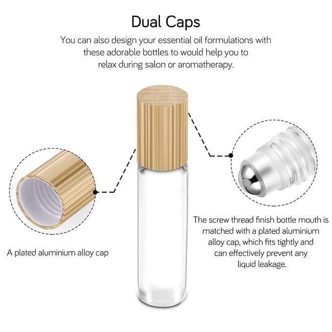 PrettyCare Essential Oil Roller Bottles 10ml (24 Pack Clear Glass Bottle with Bamboo Lid, 4 Extra Roller Balls，48 Labels, 2 Openers, 2 Funnels, 4 Droppers, Roller Balls For Essential Oils