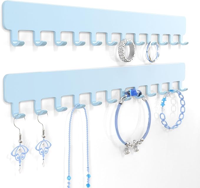 Necklace Organizer Wall Mount: Wall Necklace Hanger with Hooks for Tangle-Free Storage – Easy Access Wall Mounted Necklace Holder for Jewelry Display, Baby Blue