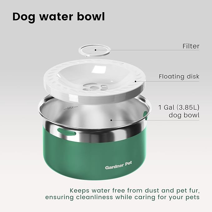 Gardner Pet Dog Bowls 1 Gallon (3.85L) Stainless Steel No Spill Dog Water Bowl, Slow Water Feeder Metal Bowls, Spill Proof Water Dispenser for Large Dogs, Promotes Healthy Hydration(Green)
