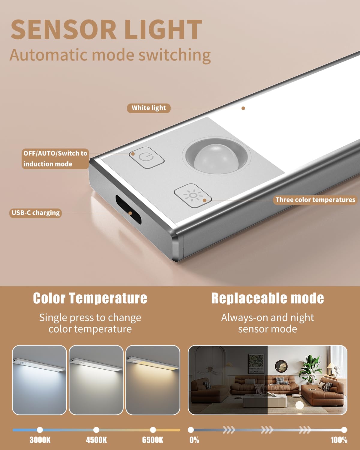 Under Cabinet Lighting 8 inch Rechargeable Battery Operated Motion Sensor Light Wireless Under Counter Lights for Kitchen, Stairs,Hallway (3 Pack)