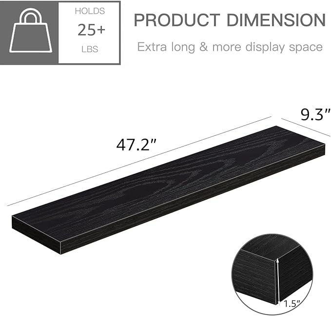 QEEIG Floating Shelves for Wall 47.2" Extra Long - Wall Mounted Shelf Bathroom Kitchen Living Room Bedroom Farmhouse Home Decor Display Bookshelf Large 47.2 x 9.3 inch Set of 2, Black (008-120B)