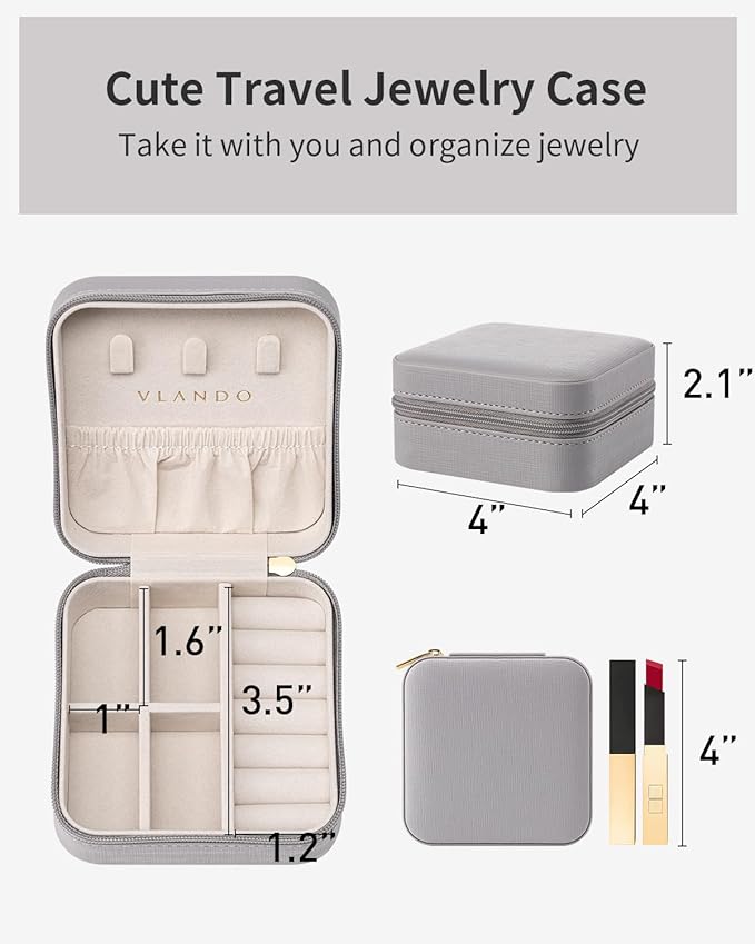 VLANDO Travel Jewelry Case - Teacher Appreciation Gifts for Women - Small Jewelry Travel Organizer Box Travel Essentials Gift for Teen Girl Women - Grey