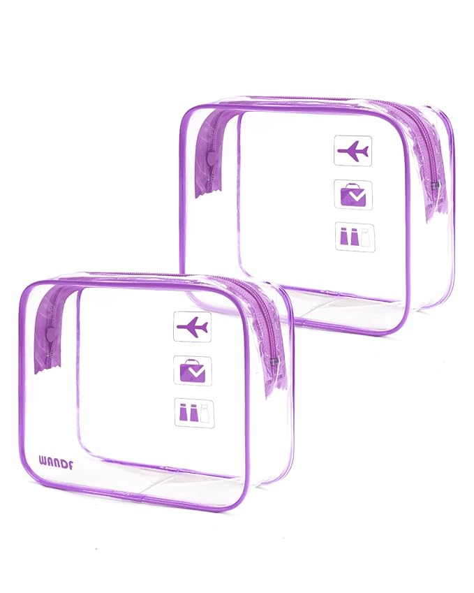 WANDF TSA Approved Toiletry Bag, 2 Packs Travel Clear Toiletry Bag, Quart Size Makeup Cosmetic Pouch with Zipper, Carry-On Airport Compliant Bag for Women and Men (2pcs Purple)