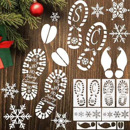 DIYASY 9 Pcs Christmas Santa Footprint Stencils, Reusable Snowflake Stencils for Painting Large Crafts Stencil Elf Foot Print Templates Holiday Xmas Decorations