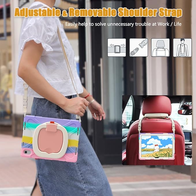 SCSVPN Kids Case for iPad (A16) 11th/10th Generation 11-inch/10.9 Inch 2025/2022, Full Body Shockproof Protective Cover with Pencil Holder, Rotating Stand & Handle, Shoulder Strap - Colorful Pink