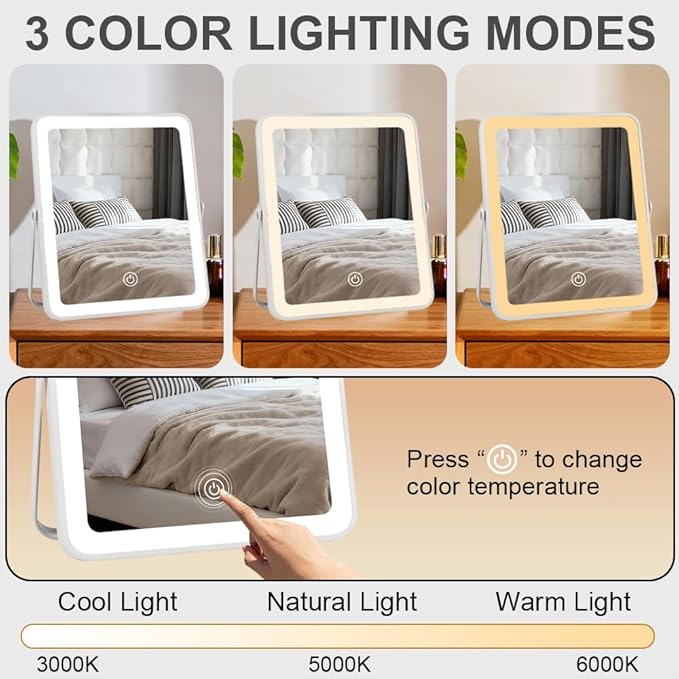 YEKKOPT Portable Desk Vanity Mirror with Lights,12"ÃÂ10" Small Rechargeable Makeup Mirror with Lights,Smart Touch Screen with 3-Color Lighting,Dimmable,for Dorm Tabletop,Bedroom,Decor