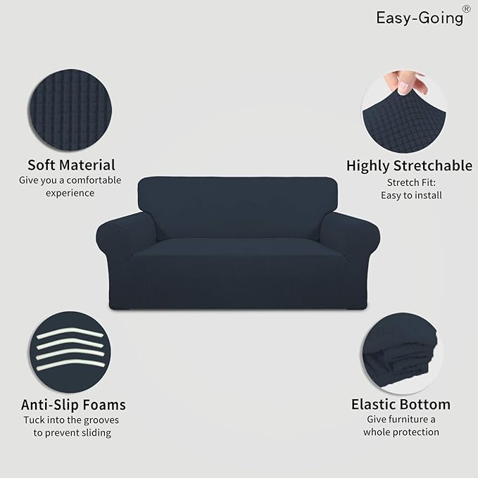 Easy-Going Stretch Oversized Loveseat Slipcover 1-Piece Sofa Cover Furniture Protector Couch Soft with Elastic Bottom for Kids Polyester Spandex Jacquard Fabric Small Checks Dark Blue