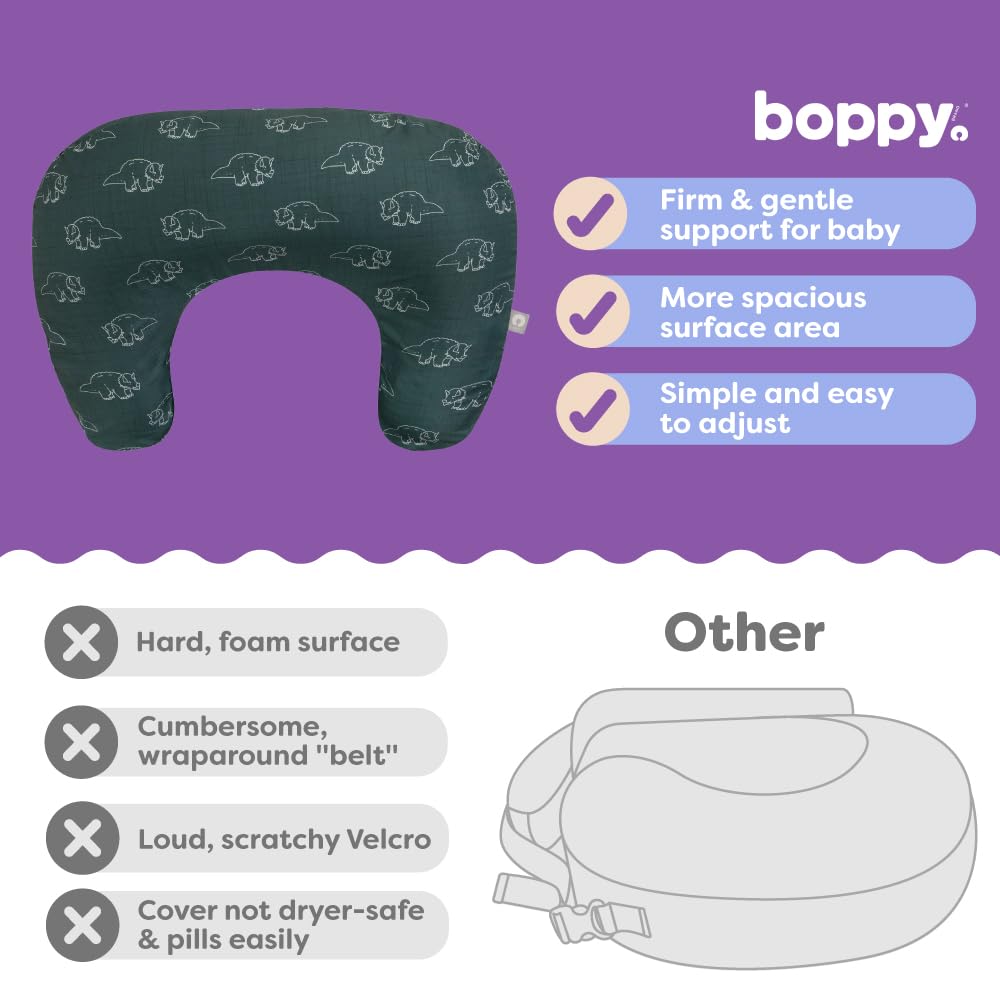 Boppy Nursing Pillow - Firm, Ergonomic U-Shaped Bottle and Breastfeeding Pillow with High Lift for Comfort and Support, Spacious Surface - Forest Green Dinos