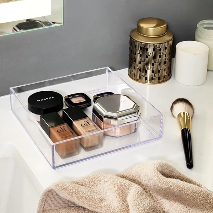 iDesign Decorative Countertop Vanity Tray Organizer for Bathroom, Bedroom, Closet, Entryway, The Clarity Collection Ã¢ÂÂ 8" x 8" x 2", Clear
