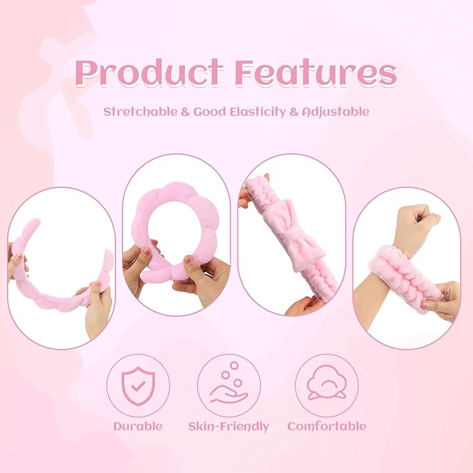 6 Pcs Puffy Terry Cloth Headbands and Wristbands for Skincare, Shower, and Makeup Removal