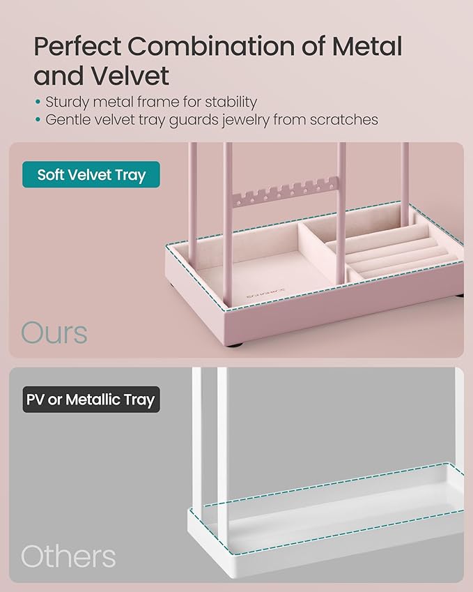SONGMICS Jewelry Holder, Jewelry Organizer, Jewelry Display Stand with Metal Frame, Velvet Tray, Necklace Earring Bracelet Holder, for Studs, Rings, Gift Idea, Jelly Pink UJJS021R01