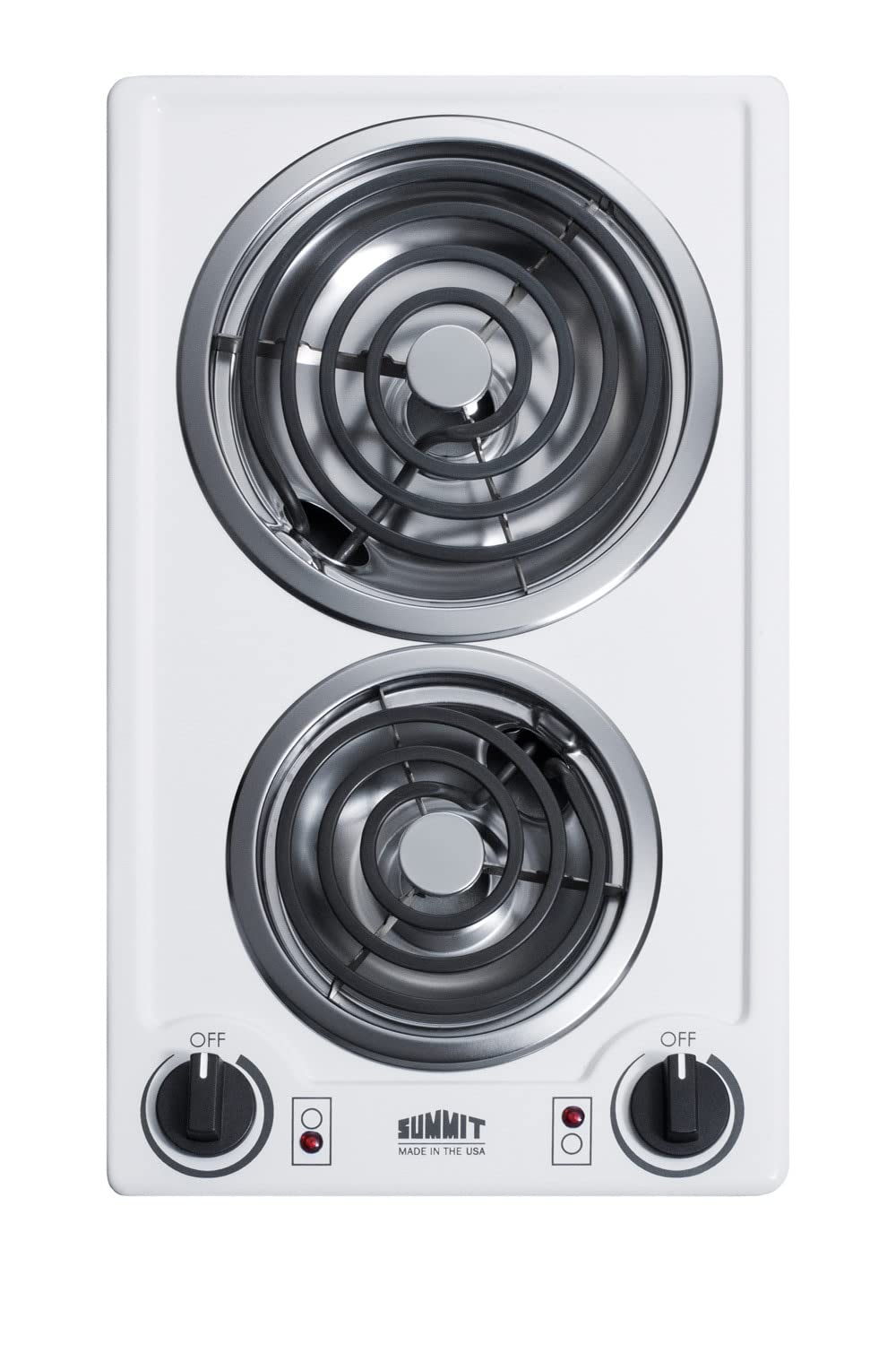 Summit 12" 2 Burner Electric Cooktop. 230V Radiant Cooktop, Coil Elements, Made in the USA, White- CCE225WH