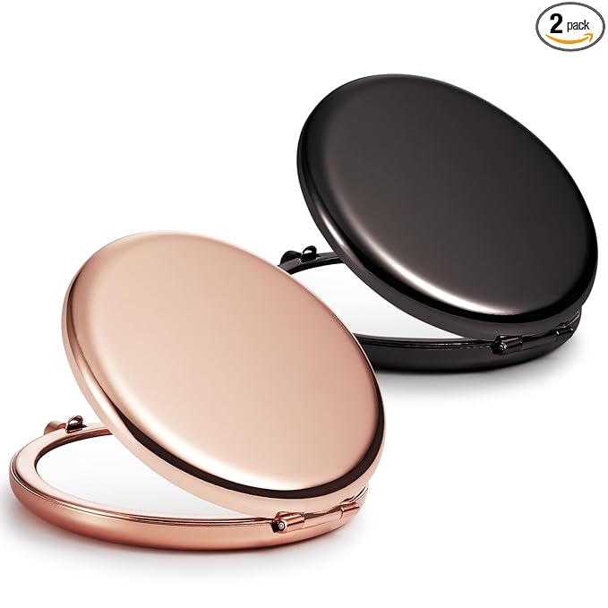 Compact Mirror Bulk, Set of 2 Double-Sided 1X/2X Magnifying Purse Pocket Makeup Mirrors(Round, Rose Gold and Black)