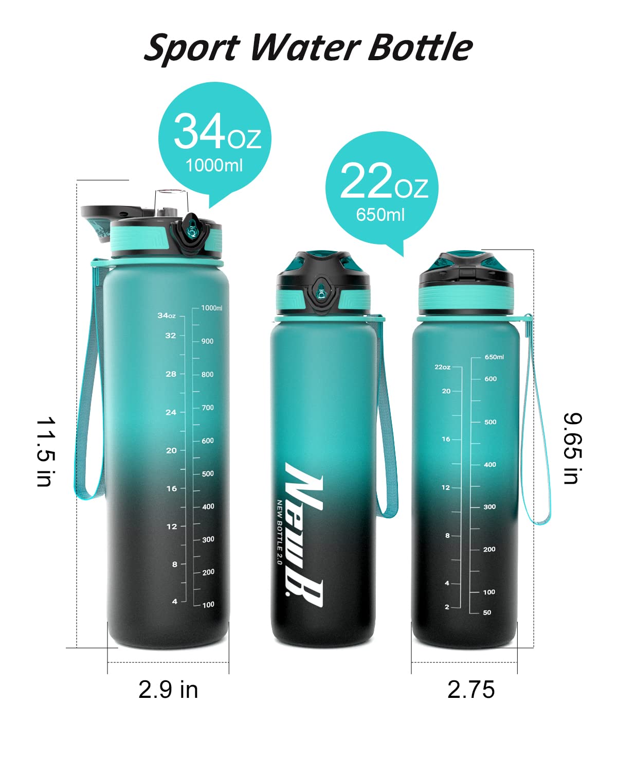 Pluralla One Touch Sport Water Bottle (Pack of 1) with Carry Handle, Leak Proof, Flip Top Lid, BPA Free, Tritan Material Water Bottle, Ideal Gift for Travel, Gym and Outdoor Fitness | 22 oz, 34 oz