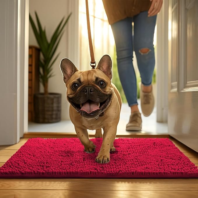MudGuard Mat™ Dog Door Mat for Muddy Paws, Super Absorbent Microfiber, Non-Slip Indoor Mat, Quick Dry Chenille Mud Mat for Dogs & Entryway, Washable, Red 36" x 60"