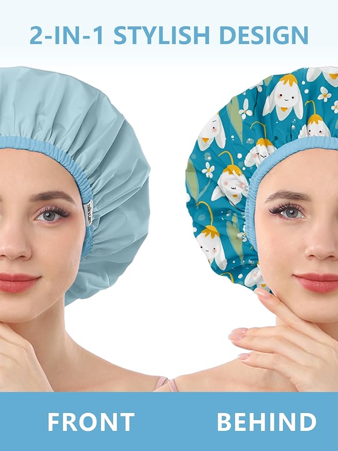 Years calm Shower Caps for Women Reusable Waterproof, Double Layer Waterproof Fabric - Both Sides Usable, Reversible Pattern & Solid Color Design, Soft Elastic Keeps Hair Dry for shower Spa Travel