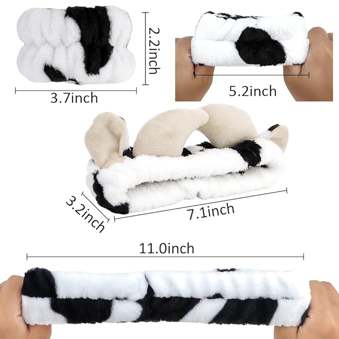 AHONEY Cow Ears Headband Cow Print Skincare Headbands and Wristbands, Cute Spa Wrist Band Fluffy Hand Cuffs Women Facial Makeup Accessories Costume Party Stuff Birthday Gift