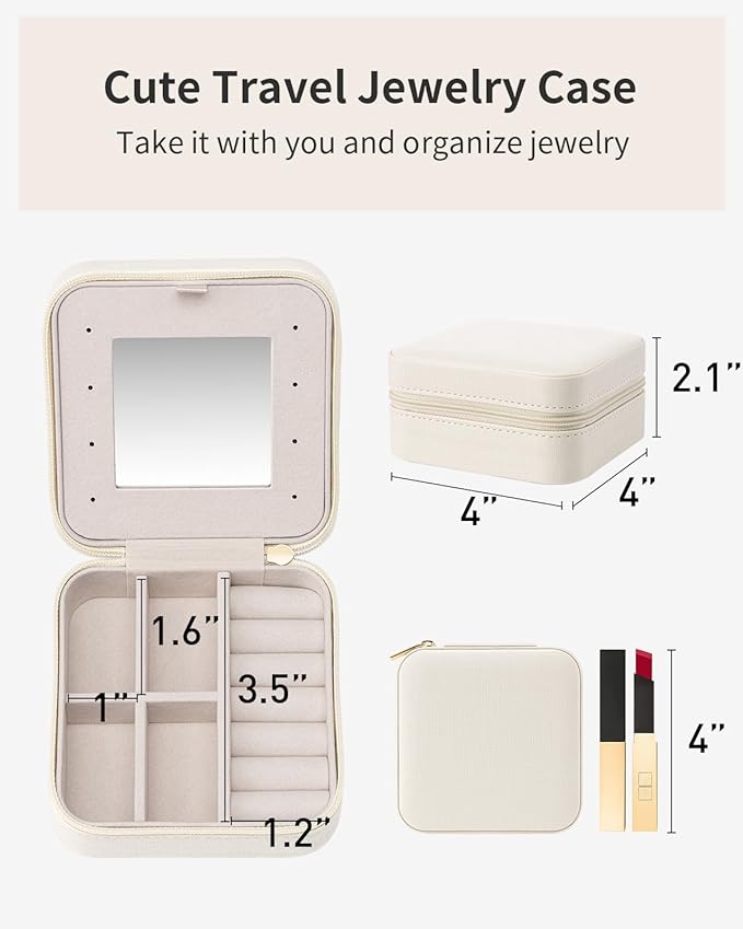 VLANDO Bridesmaid Gifts - Small Travel Jewelry Box Organizer - Wedding Gifts for Girls Women Rings Earrings Necklaces Storage with Mirror - Milky White