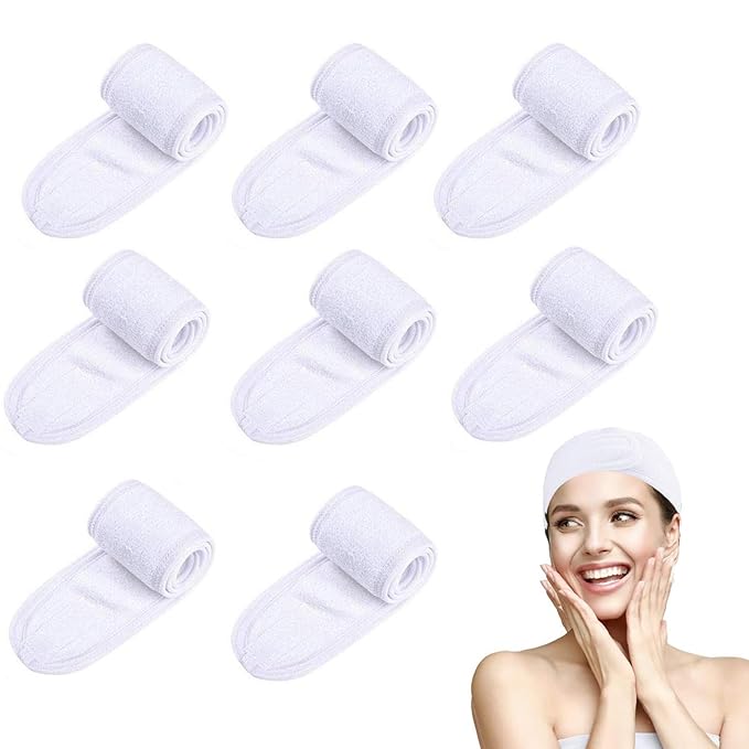 White Elastic Terry Cloth Spa Headband, 8 Pack Facial Head Wrap Band Washable Makeup Headband with Magic Tape
