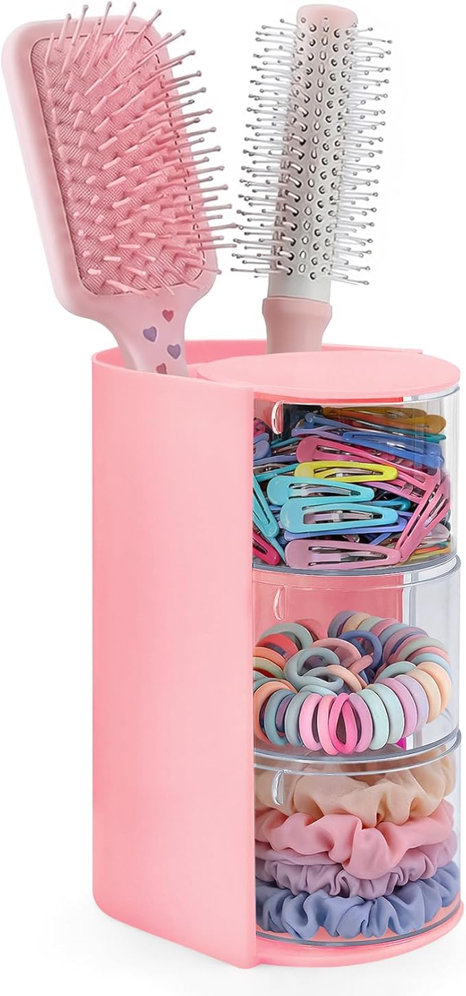 neotidy Hair Accessories Organizer with Hair Brush Holder, Rotating Hair Tie Product Organizer for Girls, 3-Tier Makeup Brush Holder for Clips, Bows & Brushes (Pink, 3-Tier)