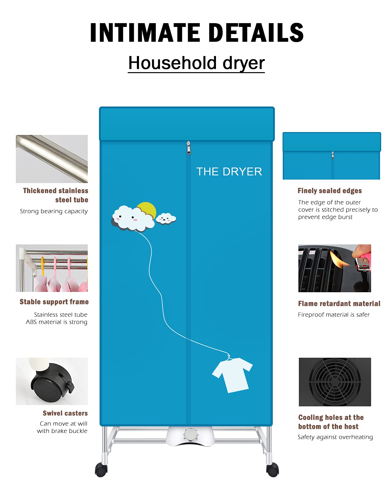 XIAQING Portable Dryer, 110V 1000W Electric Clothes Dryer Machine, Double Layer Stackable, Stainless Steel, Blue, 15kg Capacity, Front Load, Ideal for Apartments, RV, Families, Campers