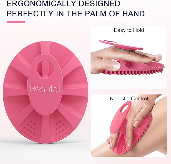 BEAUTAIL Silicone Body Scrubber Shower Bath Wash Brush Gentle Exfoliating Scrub Cleansing Loofah for Women Men Baby Sensitive Skin, Easy to Clean, Lather Nicely, More Hygienic, 1 Pack, Pink