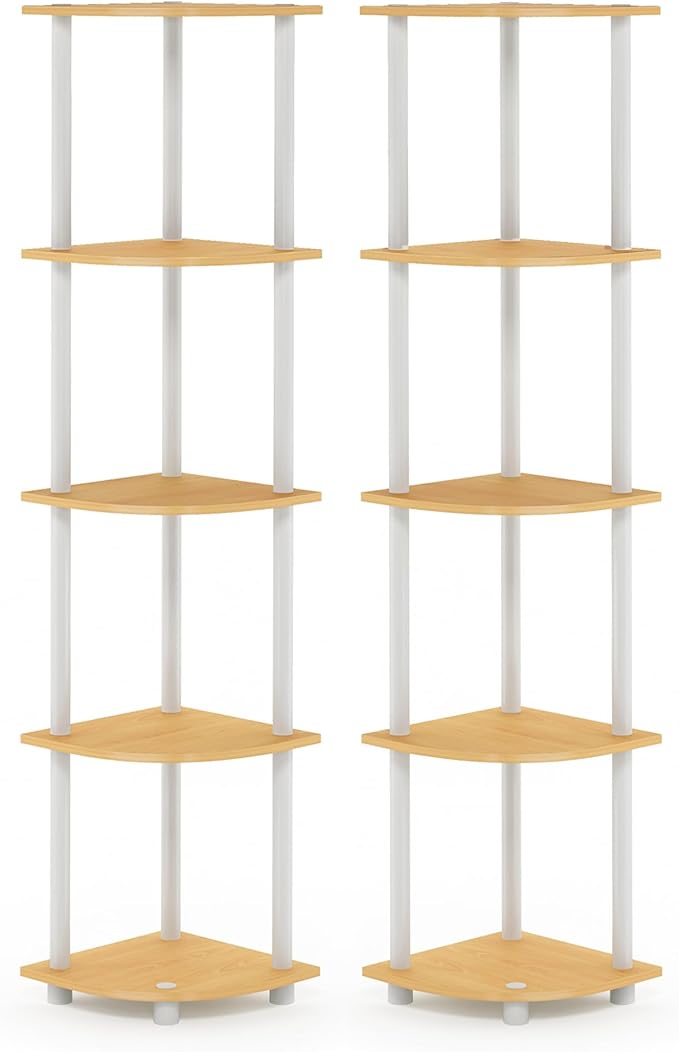 Furinno Turn-N-Tube Corner Shelf Set of 2, 5-Tier Corner Bookshelf, Open Storage Shelves, for Organization and Storage, Living Room, Home Office, Garage, Beech