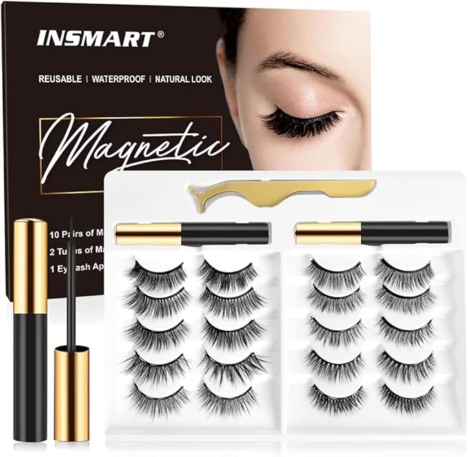 10 Pairs Magnetic Eyelashes with Magnetic Eyeliner Kit Upgraded 3D 5D Eyelash Magnetic Lashes with Tweezers & 2 Tubes of Magnetic Eyeliner, Reusable, No Glue