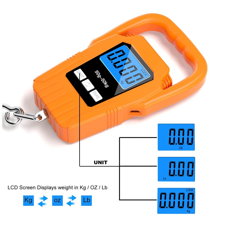 SKEAP Digital Fish Scale Hanging Scale Fishing Scale,110lb/50kg Luggage Scale,Upgrade Large Handle & Backlit LCD Display, Electronic Balance Digital Fishing Postal Scale,Orange,Fishing Gifts for Men