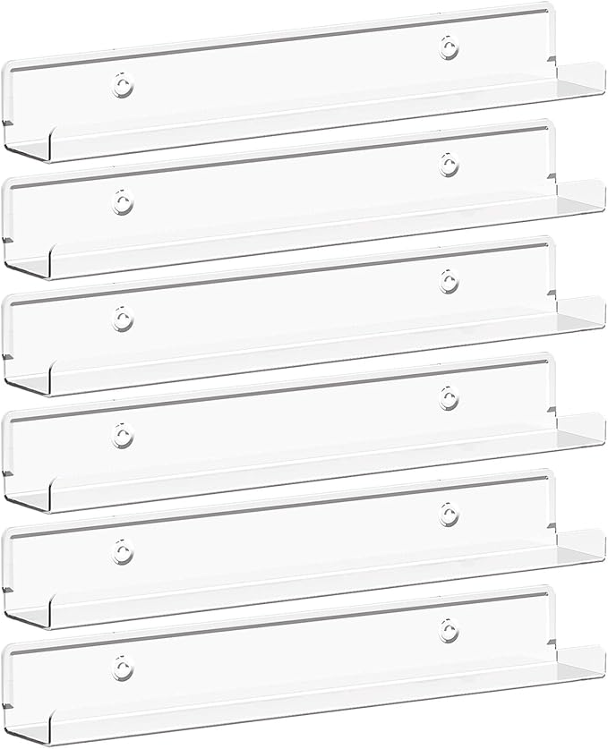 Lifewit Narrow Floating Shelves for Vinyl Record 6 Pack, 12" Clear Wall Shelves for Nail Polish/Book/Picture/Makeup, Acrylic Wall Display Shelf Organizer for Bedroom, Living Room, Bathroom Decor